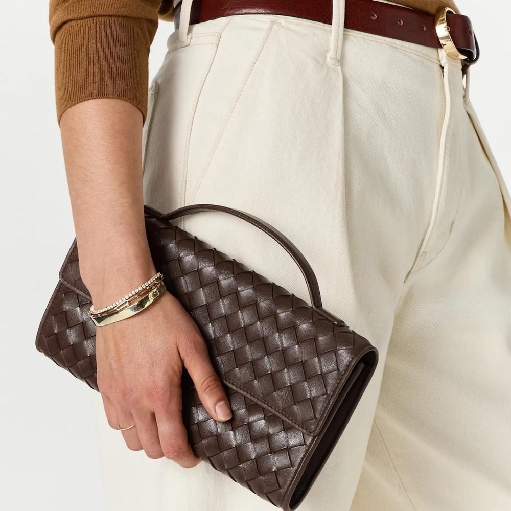 Quince Leather Handwoven Top Handle Clutch - Dark Brown